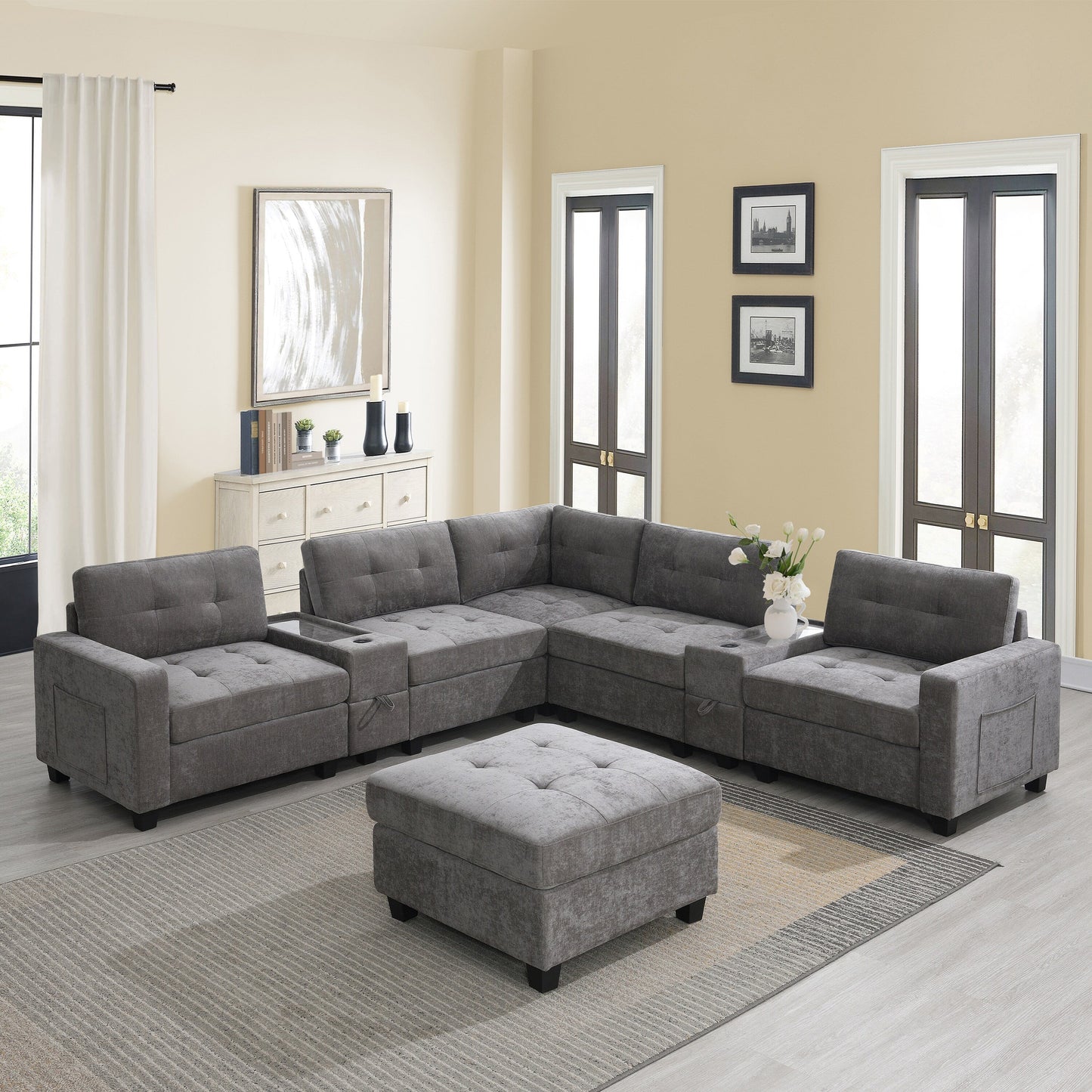 Sectional Sofa With Table Top,Chenille U Shaped Couch Set With 2 Consoles,Usb Charger,Storage Drawers And Pockets,Ottoman