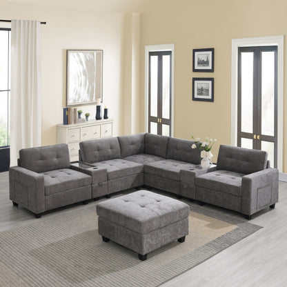 Sectional Sofa With Table Top,Chenille U Shaped Couch Set With 2 Consoles,Usb Charger,Storage Drawers And Pockets,Ottoman