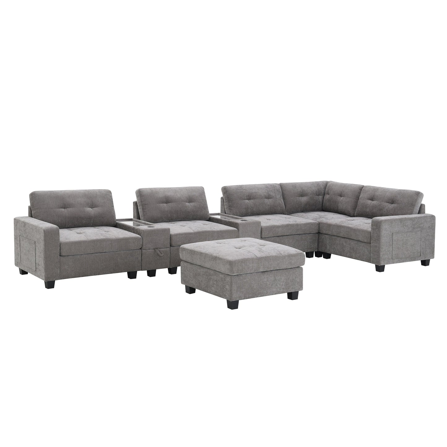 Sectional Sofa With Table Top,Chenille U Shaped Couch Set With 2 Consoles,Usb Charger,Storage Drawers And Pockets,Ottoman