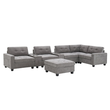 Sectional Sofa With Table Top,Chenille U Shaped Couch Set With 2 Consoles,Usb Charger,Storage Drawers And Pockets,Ottoman