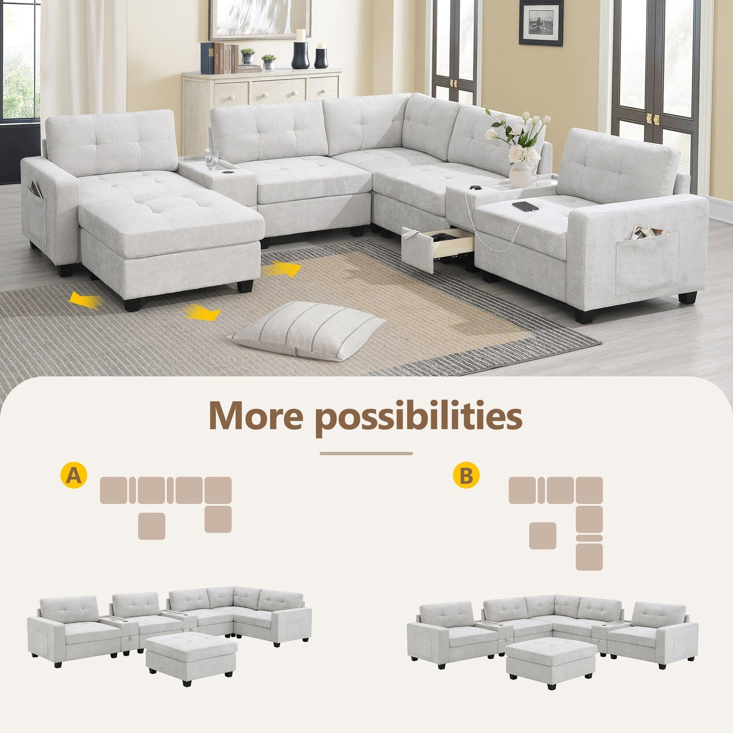 Sectional Sofa With Table Top,Chenille U Shaped Couch Set With 2 Consoles,Usb Charger,Storage Drawers And Pockets,Ottoman
