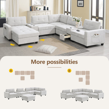 Sectional Sofa With Table Top,Chenille U Shaped Couch Set With 2 Consoles,Usb Charger,Storage Drawers And Pockets,Ottoman