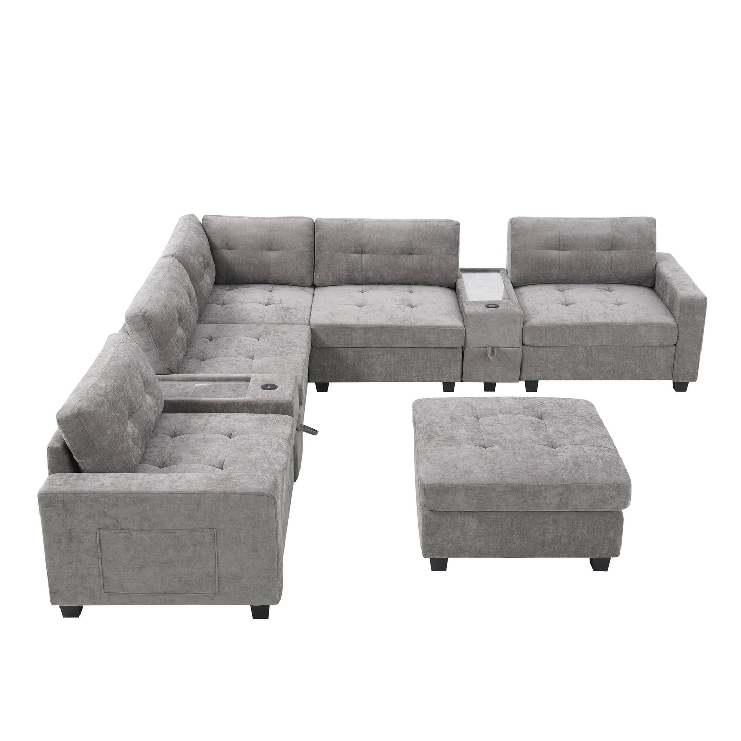 Sectional Sofa With Table Top,Chenille U Shaped Couch Set With 2 Consoles,Usb Charger,Storage Drawers And Pockets,Ottoman