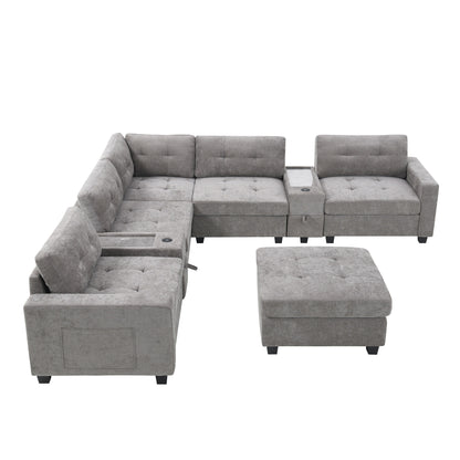 Sectional Sofa With Table Top,Chenille U Shaped Couch Set With 2 Consoles,Usb Charger,Storage Drawers And Pockets,Ottoman