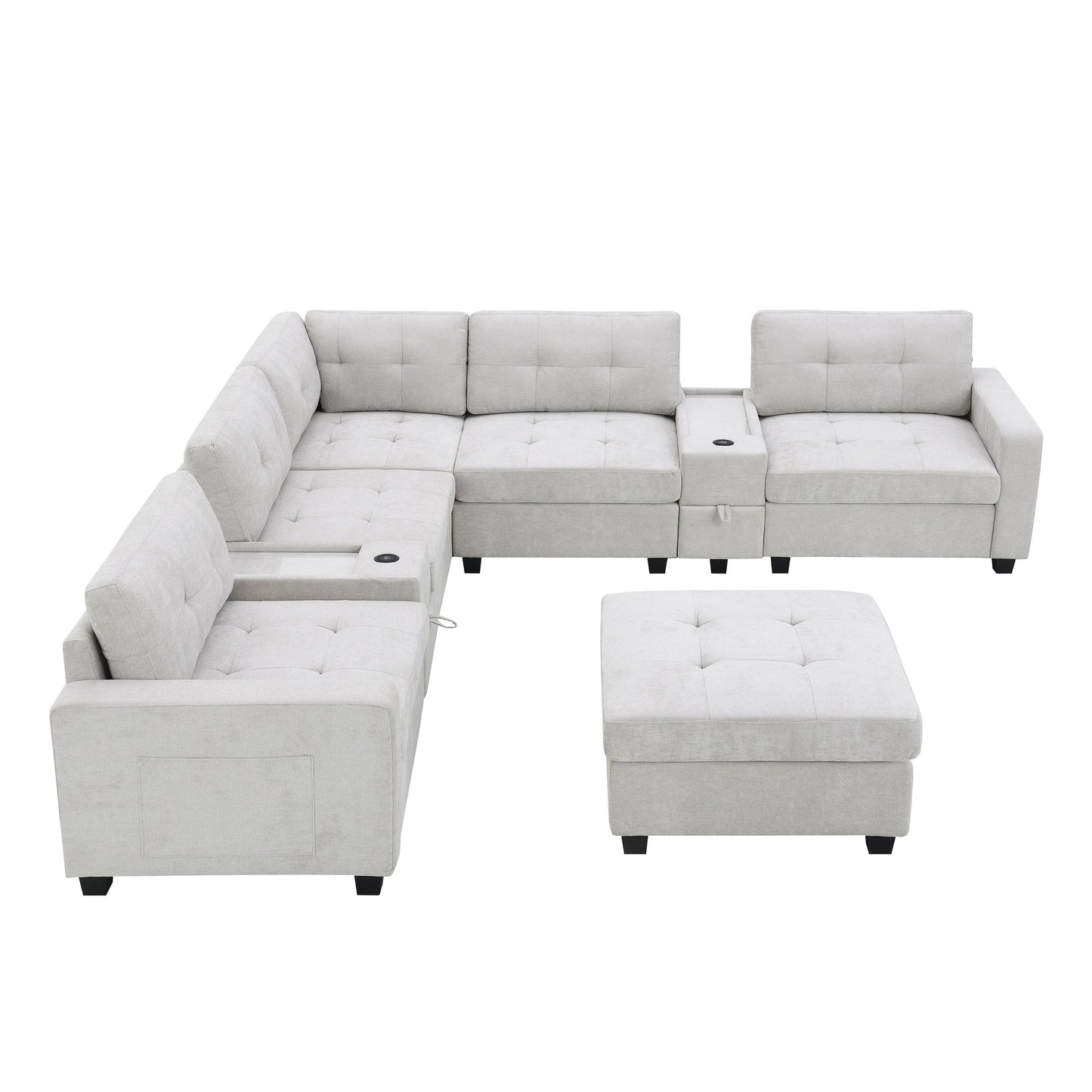 Sectional Sofa With Table Top,Chenille U Shaped Couch Set With 2 Consoles,Usb Charger,Storage Drawers And Pockets,Ottoman