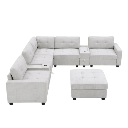 Sectional Sofa With Table Top,Chenille U Shaped Couch Set With 2 Consoles,Usb Charger,Storage Drawers And Pockets,Ottoman