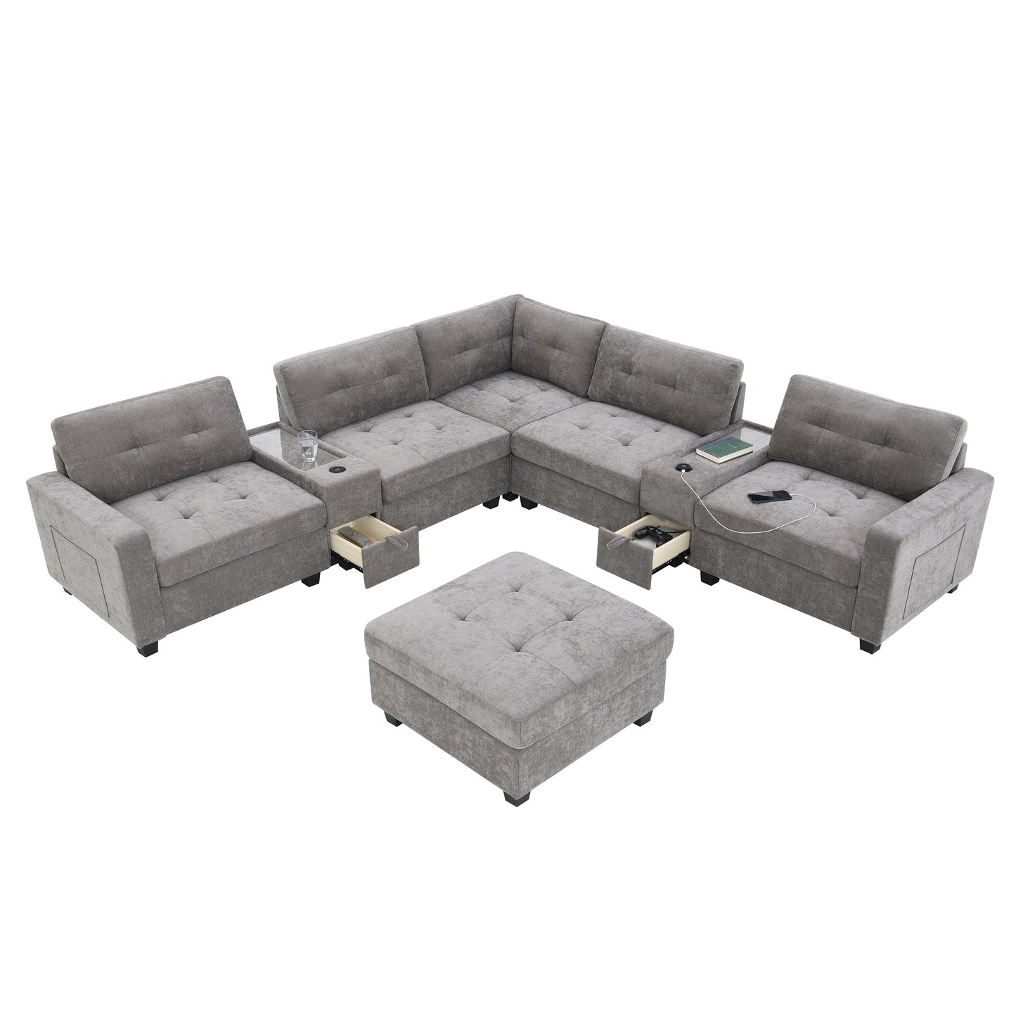 Sectional Sofa With Table Top,Chenille U Shaped Couch Set With 2 Consoles,Usb Charger,Storage Drawers And Pockets,Ottoman