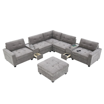 Sectional Sofa With Table Top,Chenille U Shaped Couch Set With 2 Consoles,Usb Charger,Storage Drawers And Pockets,Ottoman