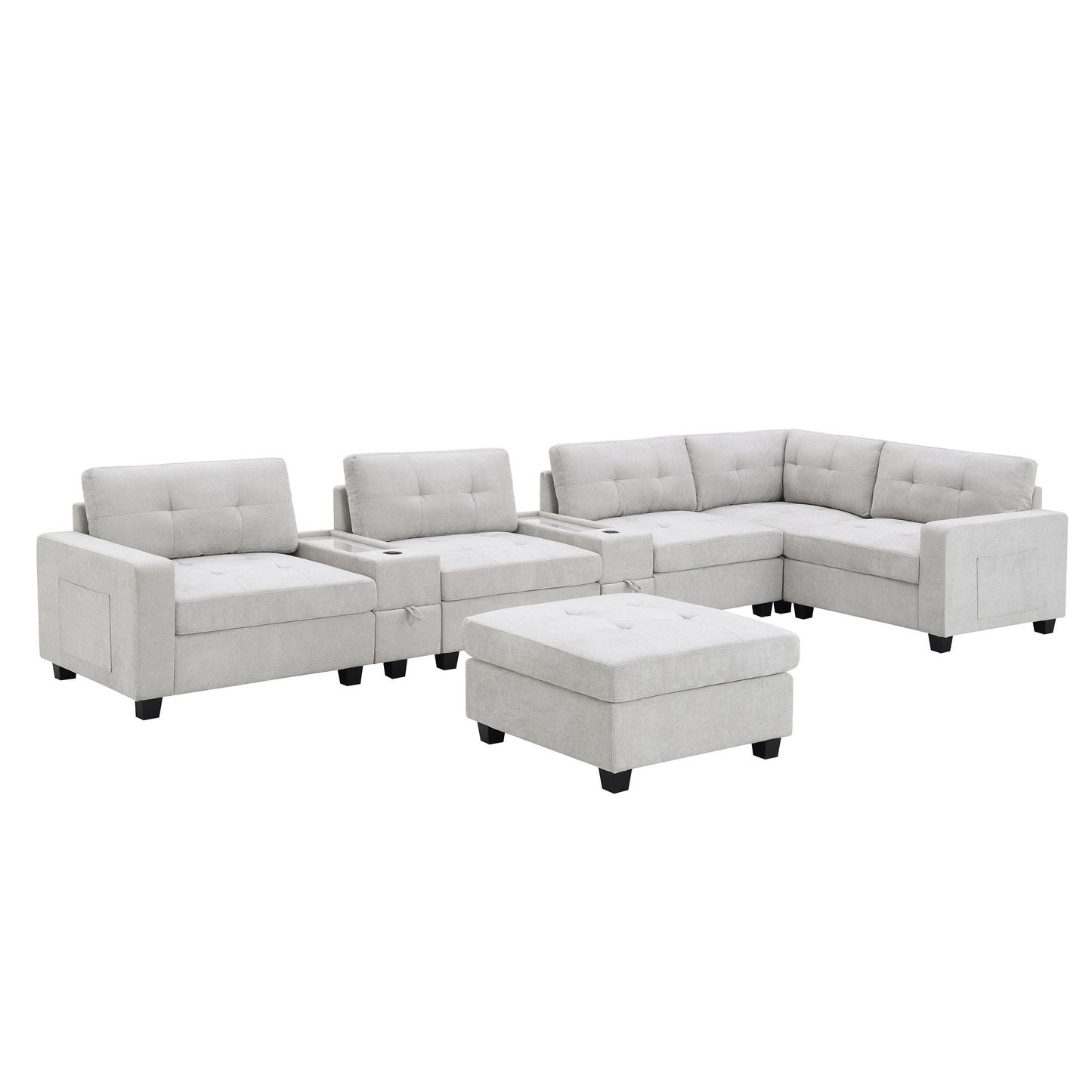 Sectional Sofa With Table Top,Chenille U Shaped Couch Set With 2 Consoles,Usb Charger,Storage Drawers And Pockets,Ottoman