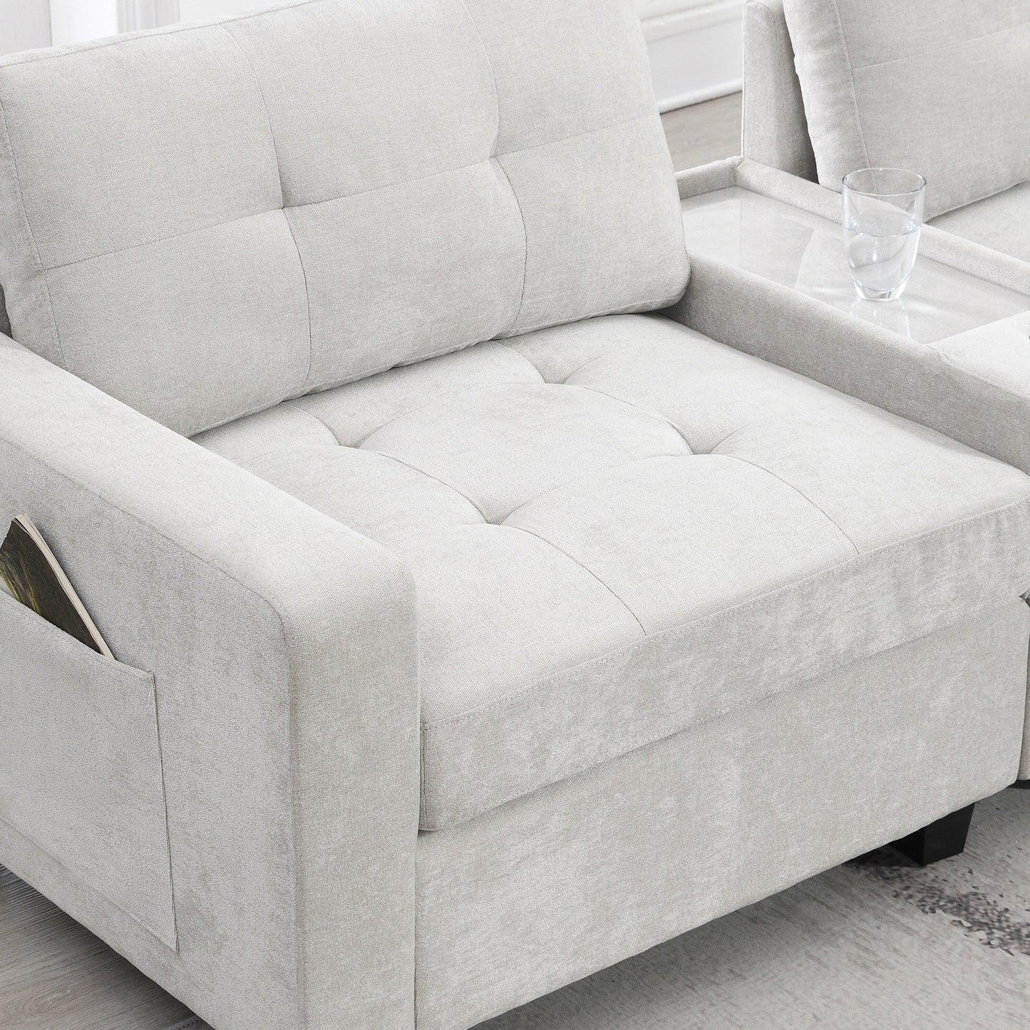 Sectional Sofa With Table Top,Chenille U Shaped Couch Set With 2 Consoles,Usb Charger,Storage Drawers And Pockets,Ottoman