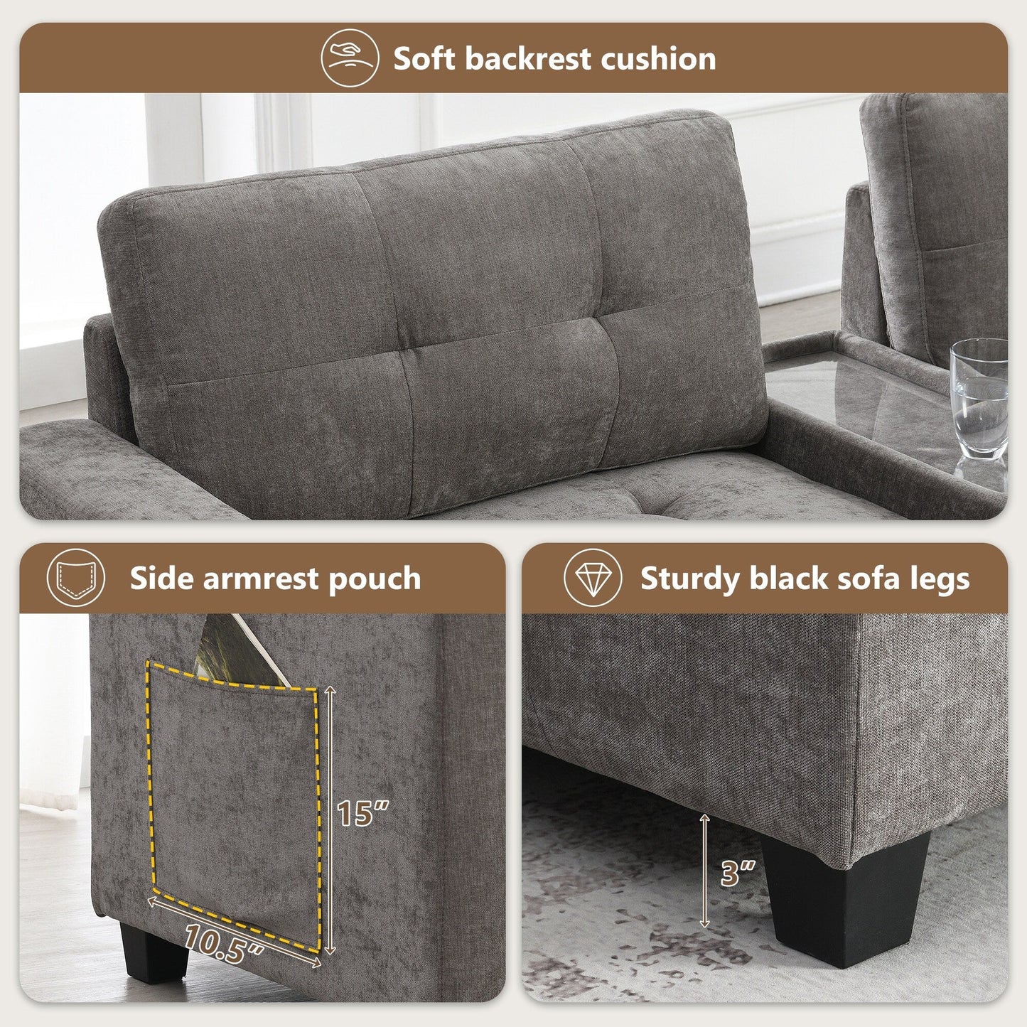 Sectional Sofa With Table Top,Chenille U Shaped Couch Set With 2 Consoles,Usb Charger,Storage Drawers And Pockets,Ottoman