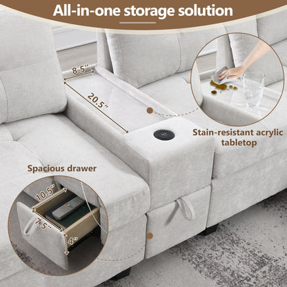 Sectional Sofa With Table Top,Chenille U Shaped Couch Set With 2 Consoles,Usb Charger,Storage Drawers And Pockets,Ottoman