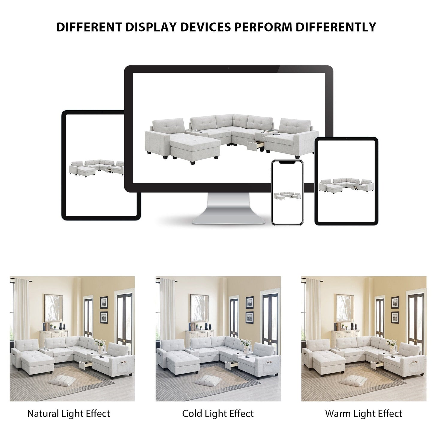 Sectional Sofa With Table Top,Chenille U Shaped Couch Set With 2 Consoles,Usb Charger,Storage Drawers And Pockets,Ottoman