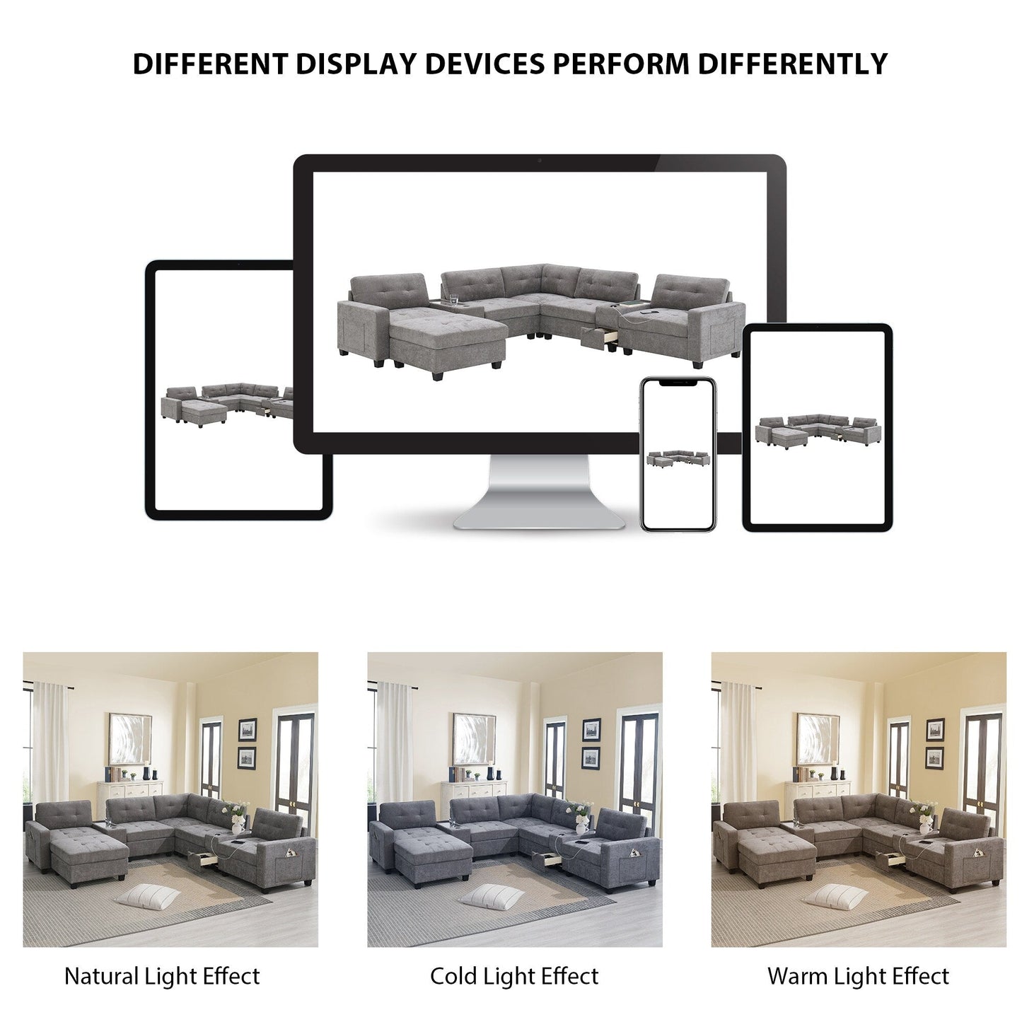Sectional Sofa With Table Top,Chenille U Shaped Couch Set With 2 Consoles,Usb Charger,Storage Drawers And Pockets,Ottoman