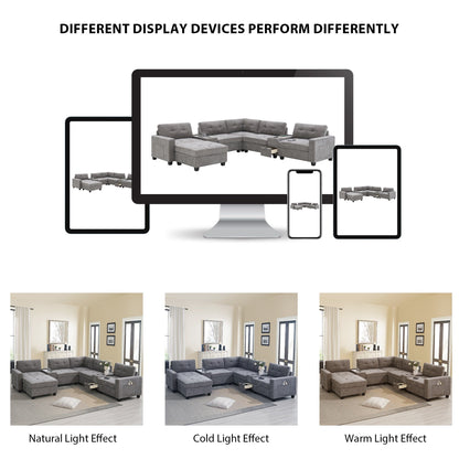 Sectional Sofa With Table Top,Chenille U Shaped Couch Set With 2 Consoles,Usb Charger,Storage Drawers And Pockets,Ottoman