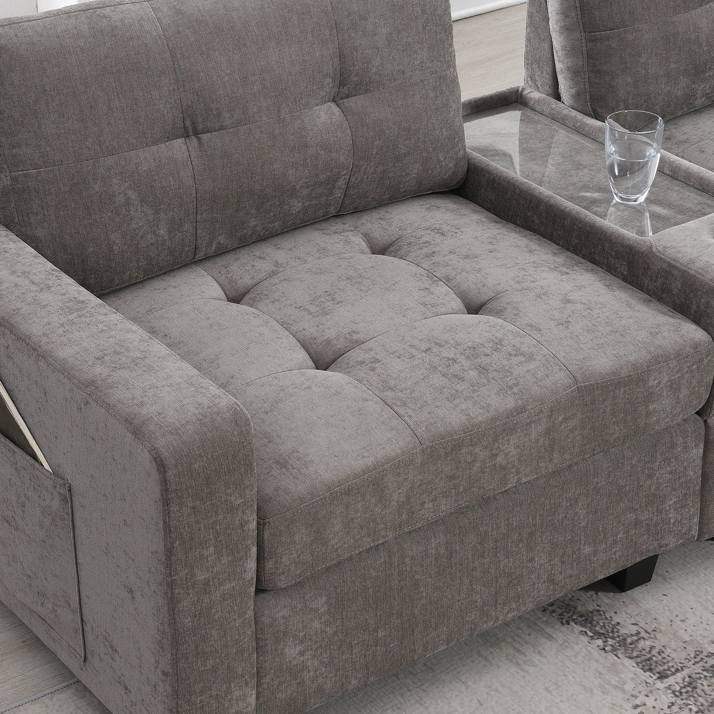 Sectional Sofa With Table Top,Chenille U Shaped Couch Set With 2 Consoles,Usb Charger,Storage Drawers And Pockets,Ottoman