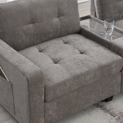 Sectional Sofa With Table Top,Chenille U Shaped Couch Set With 2 Consoles,Usb Charger,Storage Drawers And Pockets,Ottoman