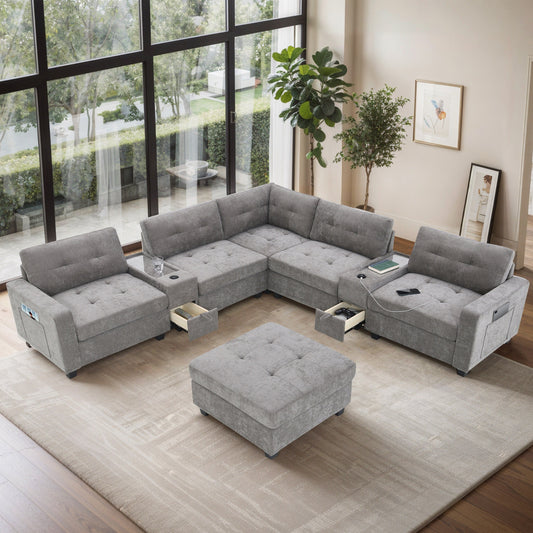 Sectional Sofa With Table Top,Chenille U Shaped Couch Set With 2 Consoles,Usb Charger,Storage Drawers And Pockets,Ottoman