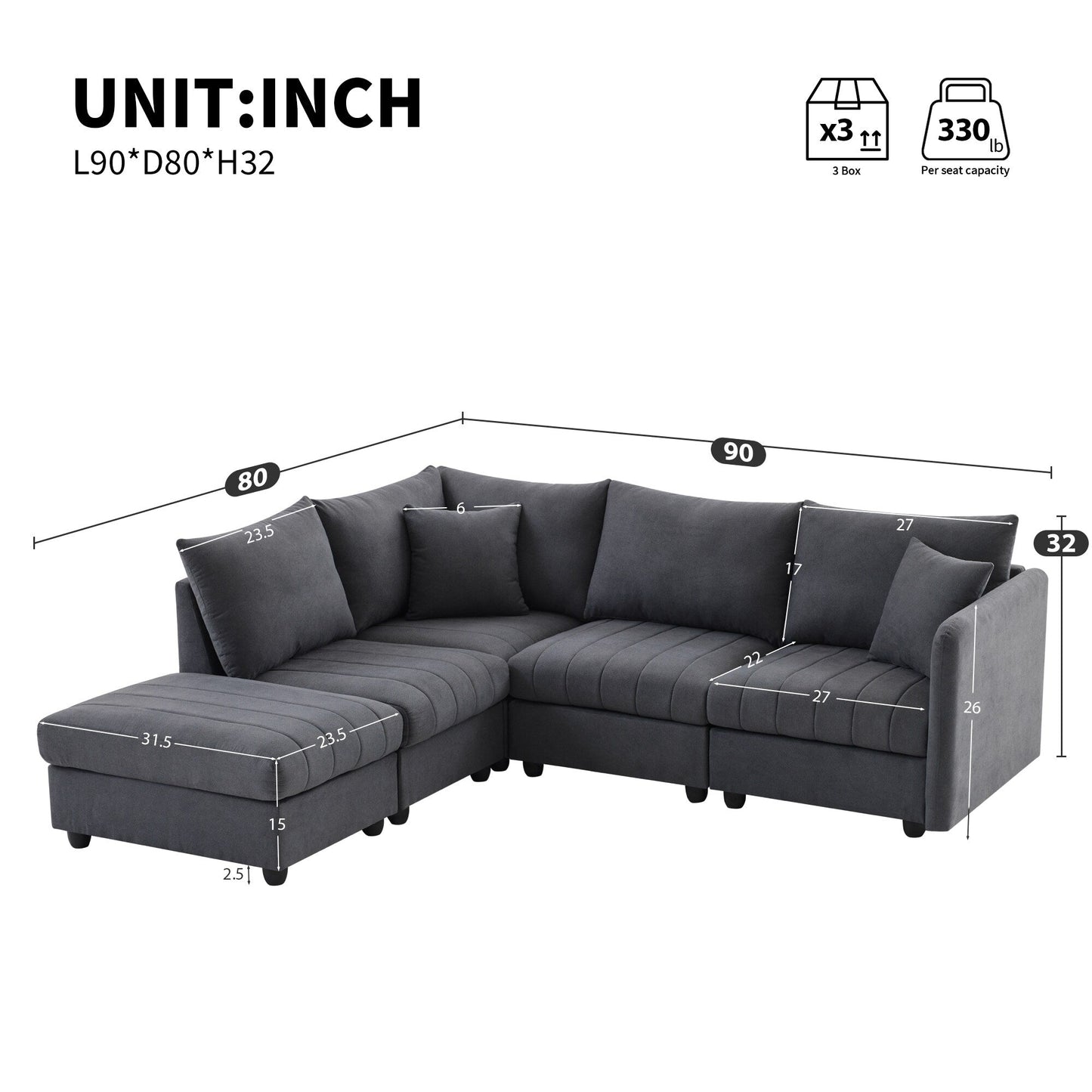 Sectional Sofa With Vertical Stripes,2 Pillows,5-Seat Couch With Convertible Ottoman,Various Combinations,L-Shap