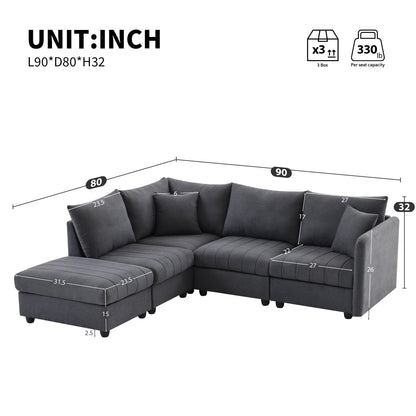 Sectional Sofa With Vertical Stripes,2 Pillows,5-Seat Couch With Convertible Ottoman,Various Combinations,L-Shap