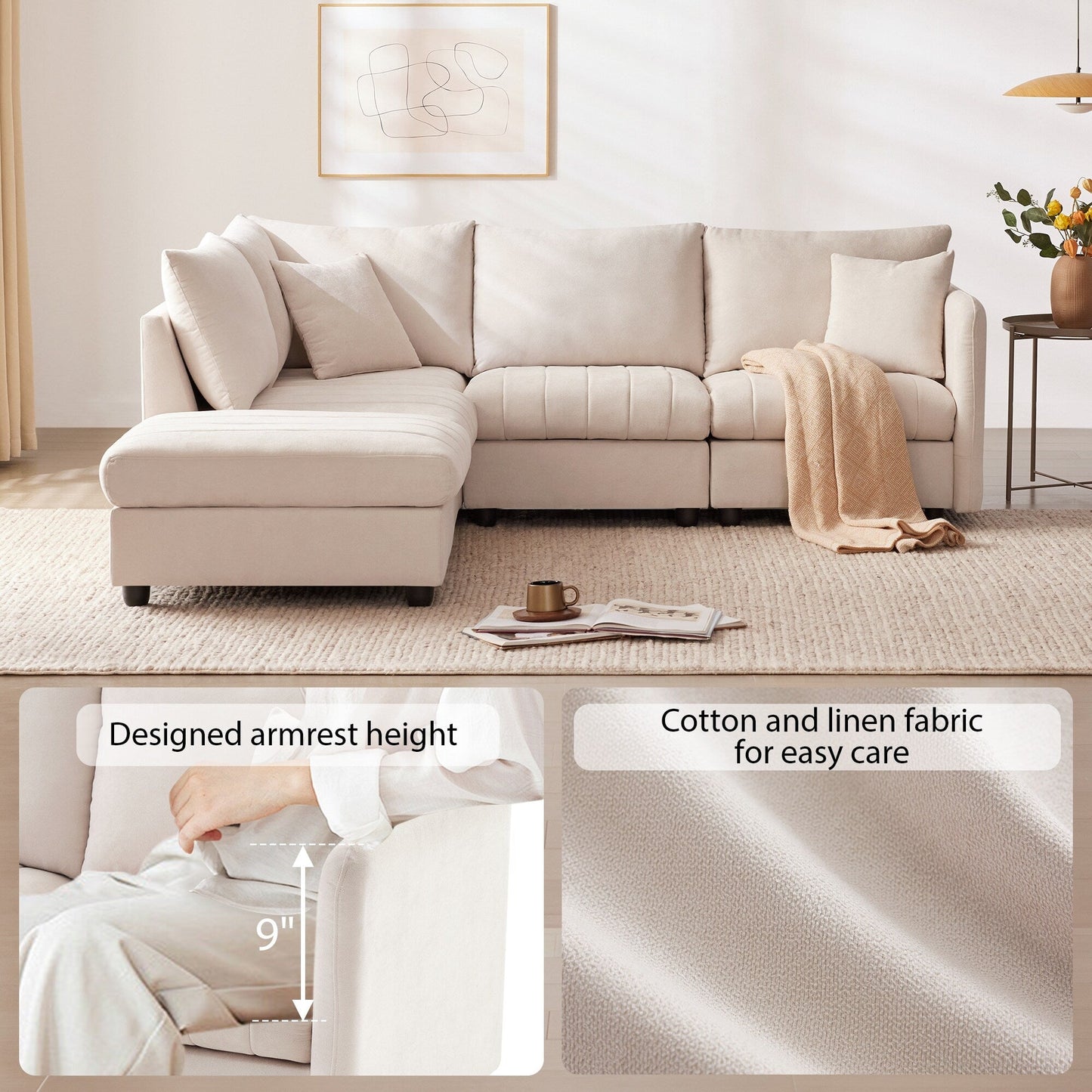 Sectional Sofa With Vertical Stripes,2 Pillows,5-Seat Couch With Convertible Ottoman,Various Combinations,L-Shap