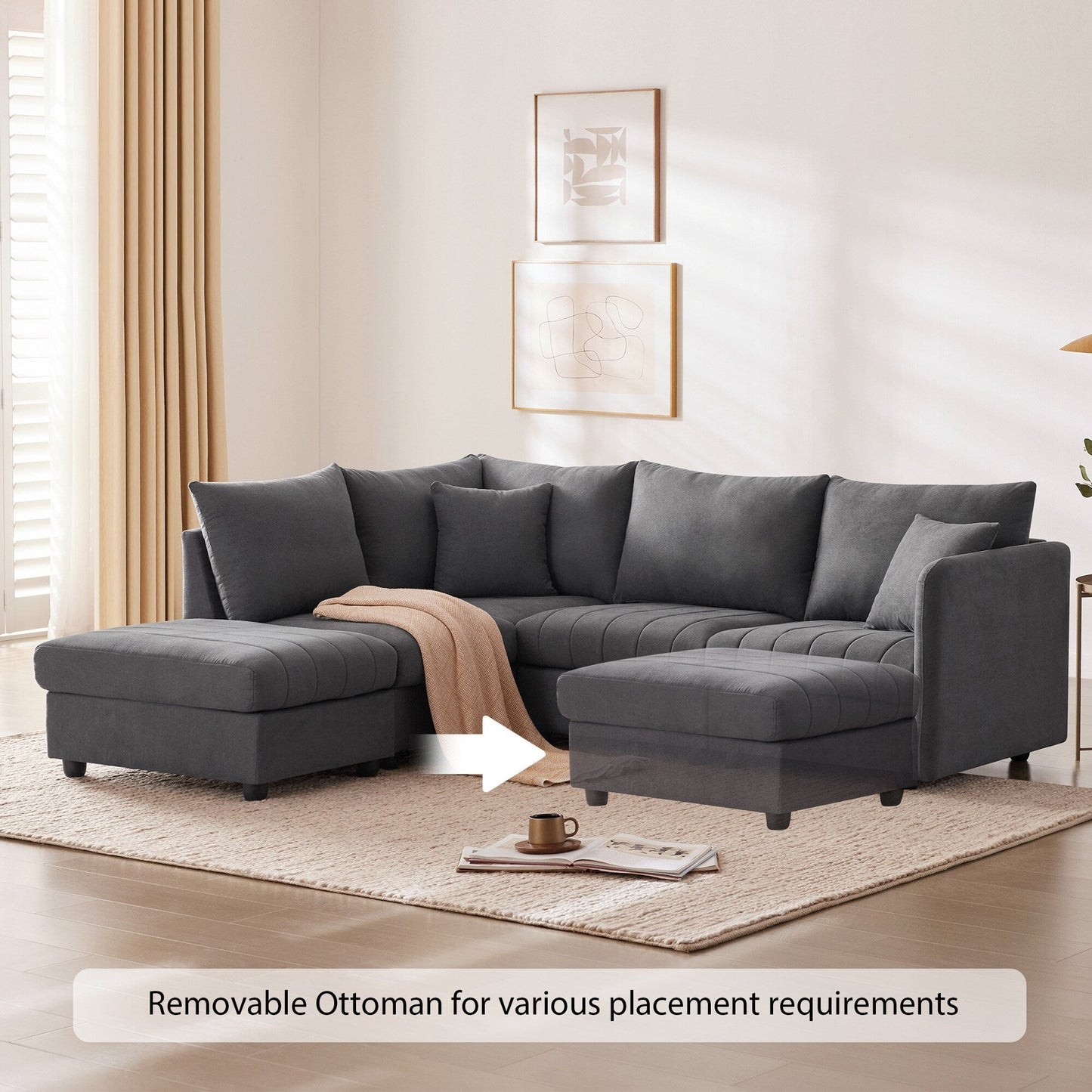 Sectional Sofa With Vertical Stripes,2 Pillows,5-Seat Couch With Convertible Ottoman,Various Combinations,L-Shap