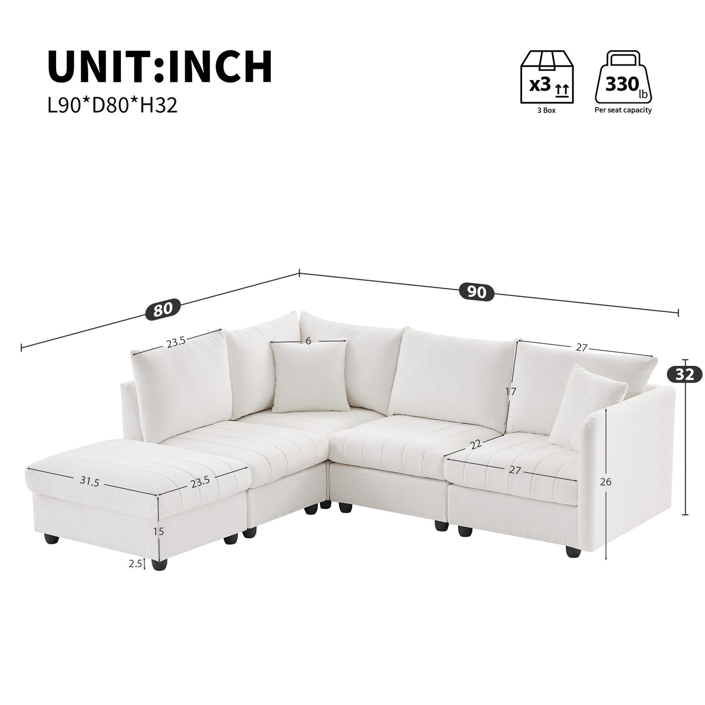Sectional Sofa With Vertical Stripes,2 Pillows,5-Seat Couch With Convertible Ottoman,Various Combinations,L-Shap