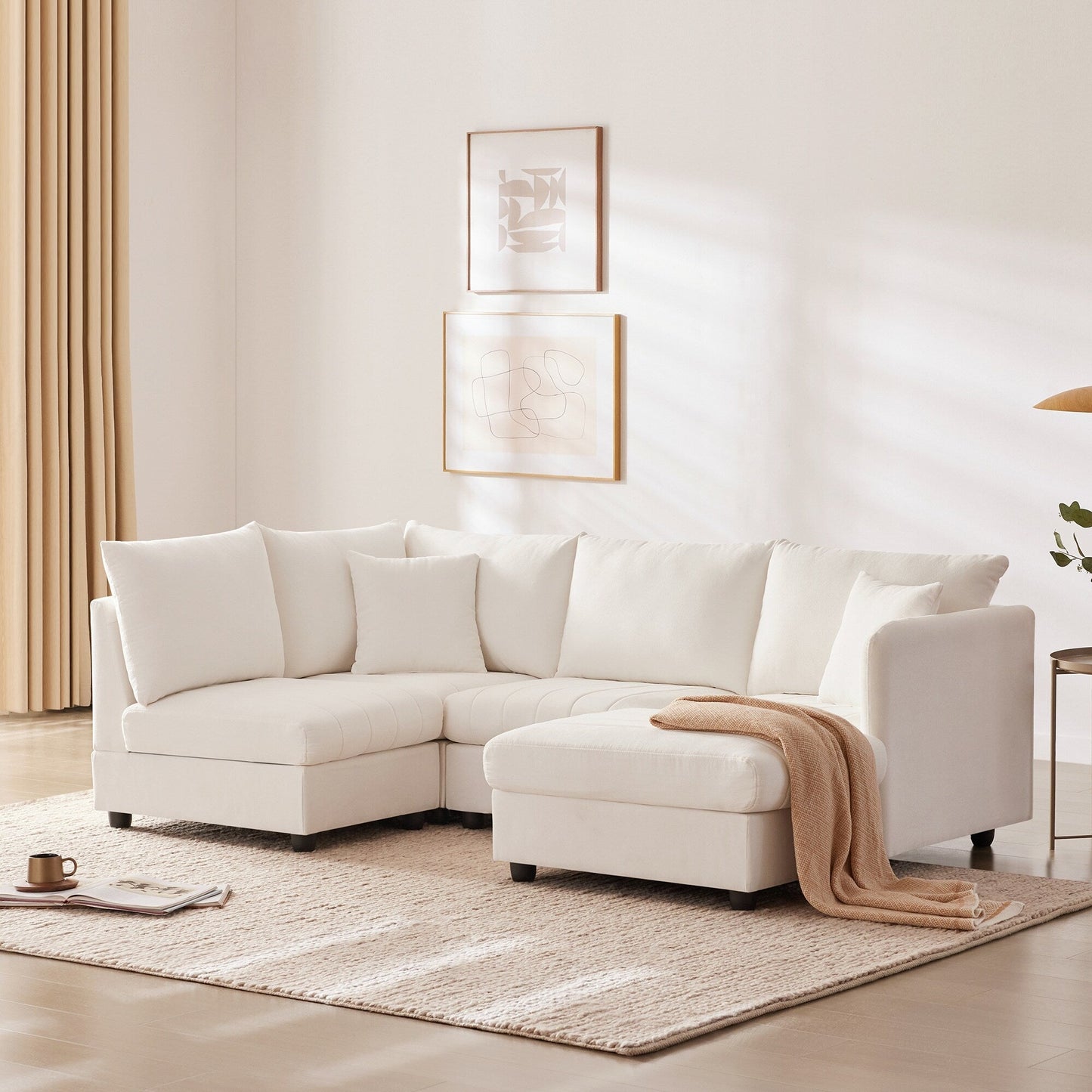 Sectional Sofa With Vertical Stripes,2 Pillows,5-Seat Couch With Convertible Ottoman,Various Combinations,L-Shap