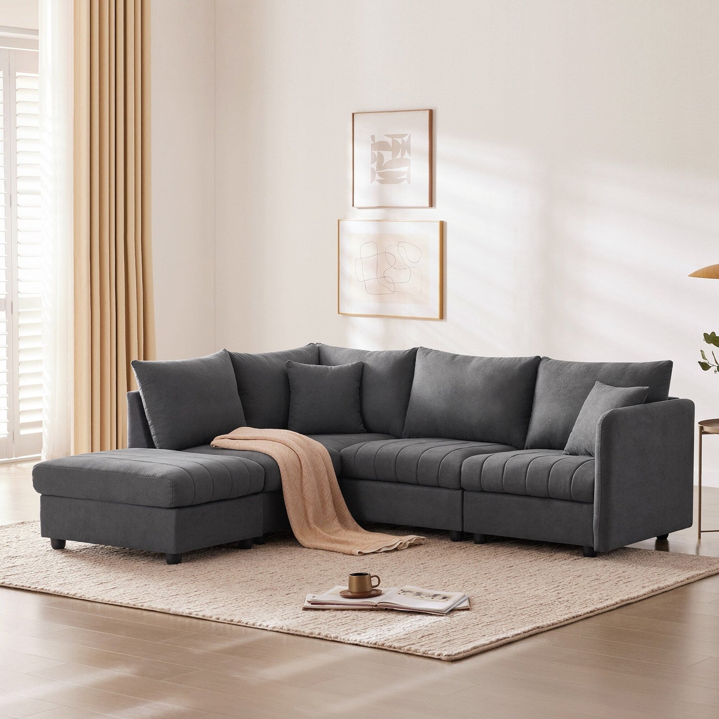 Sectional Sofa With Vertical Stripes,2 Pillows,5-Seat Couch With Convertible Ottoman,Various Combinations,L-Shap
