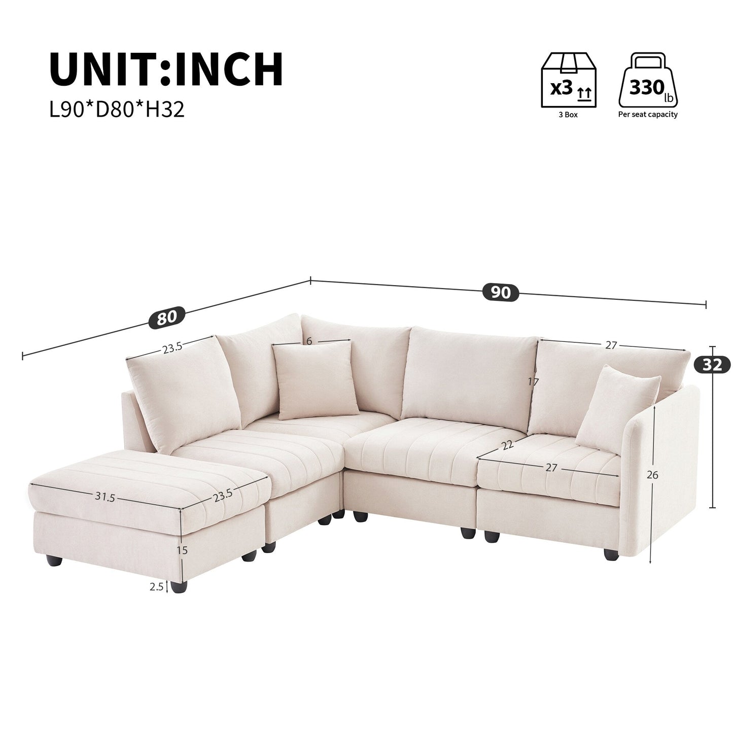 Sectional Sofa With Vertical Stripes,2 Pillows,5-Seat Couch With Convertible Ottoman,Various Combinations,L-Shap