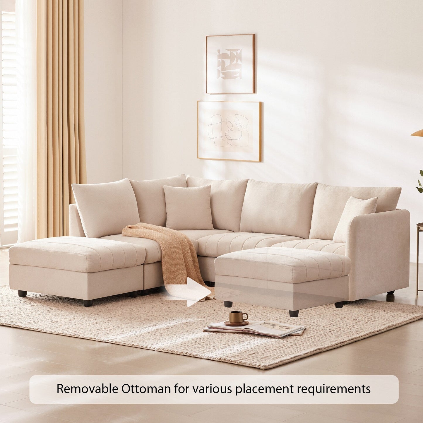 Sectional Sofa With Vertical Stripes,2 Pillows,5-Seat Couch With Convertible Ottoman,Various Combinations,L-Shap