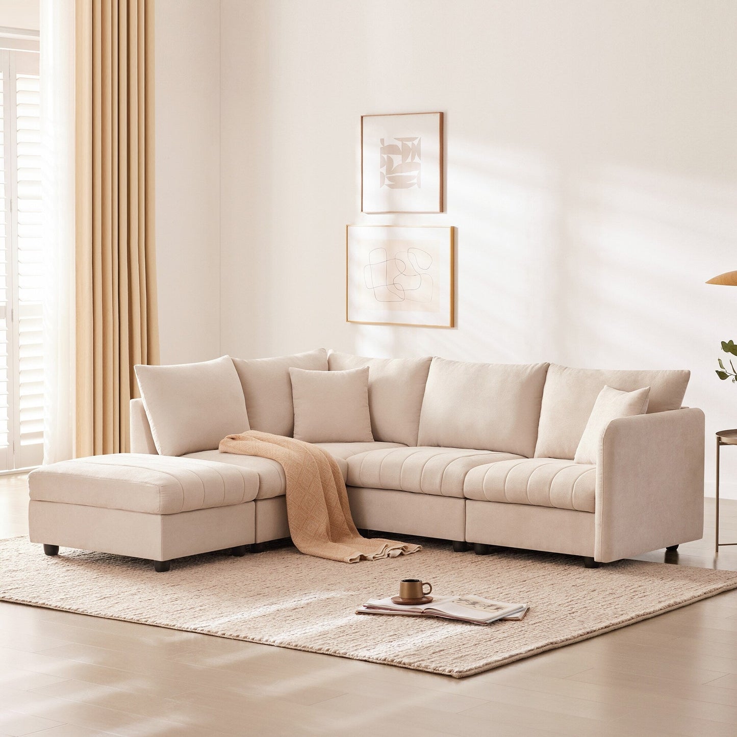 Sectional Sofa With Vertical Stripes,2 Pillows,5-Seat Couch With Convertible Ottoman,Various Combinations,L-Shap