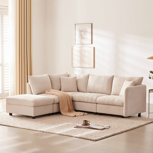 Sectional Sofa With Vertical Stripes,2 Pillows,5-Seat Couch With Convertible Ottoman,Various Combinations,L-Shap
