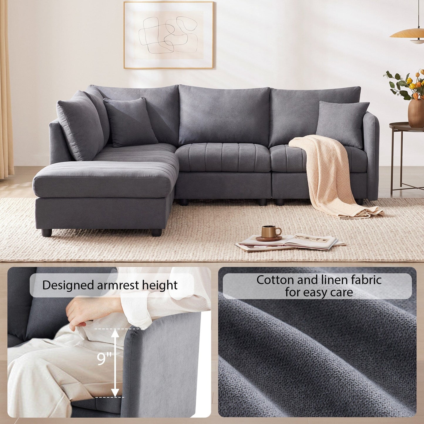 Sectional Sofa With Vertical Stripes,2 Pillows,5-Seat Couch With Convertible Ottoman,Various Combinations,L-Shap