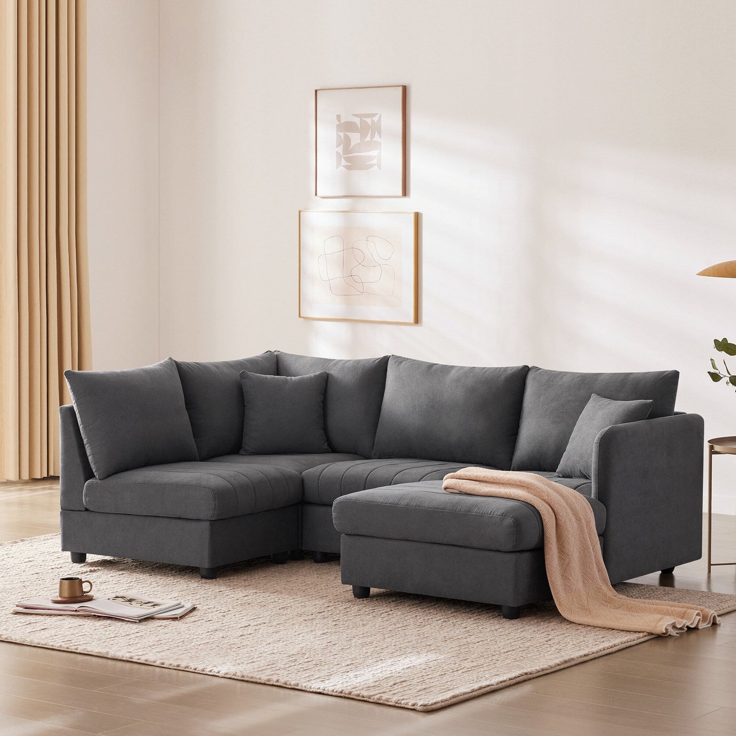 Sectional Sofa With Vertical Stripes,2 Pillows,5-Seat Couch With Convertible Ottoman,Various Combinations,L-Shap