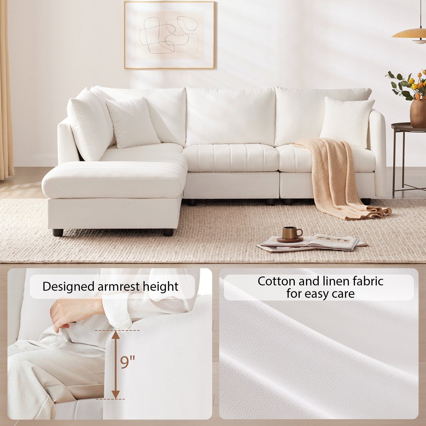 Sectional Sofa With Vertical Stripes,2 Pillows,5-Seat Couch With Convertible Ottoman,Various Combinations,L-Shap