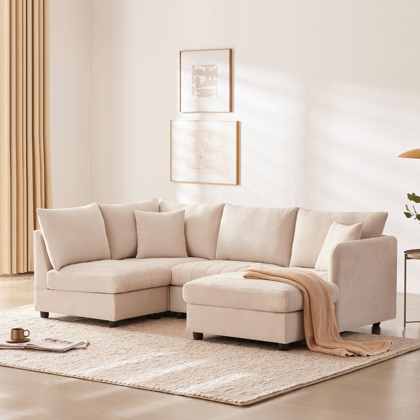 Sectional Sofa With Vertical Stripes,2 Pillows,5-Seat Couch With Convertible Ottoman,Various Combinations,L-Shap