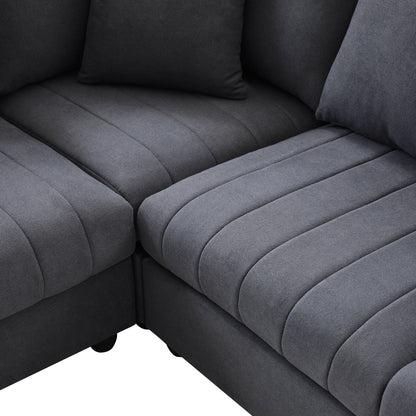 Sectional Sofa With Vertical Stripes,2 Pillows,5-Seat Couch With Convertible Ottoman,Various Combinations,L-Shap