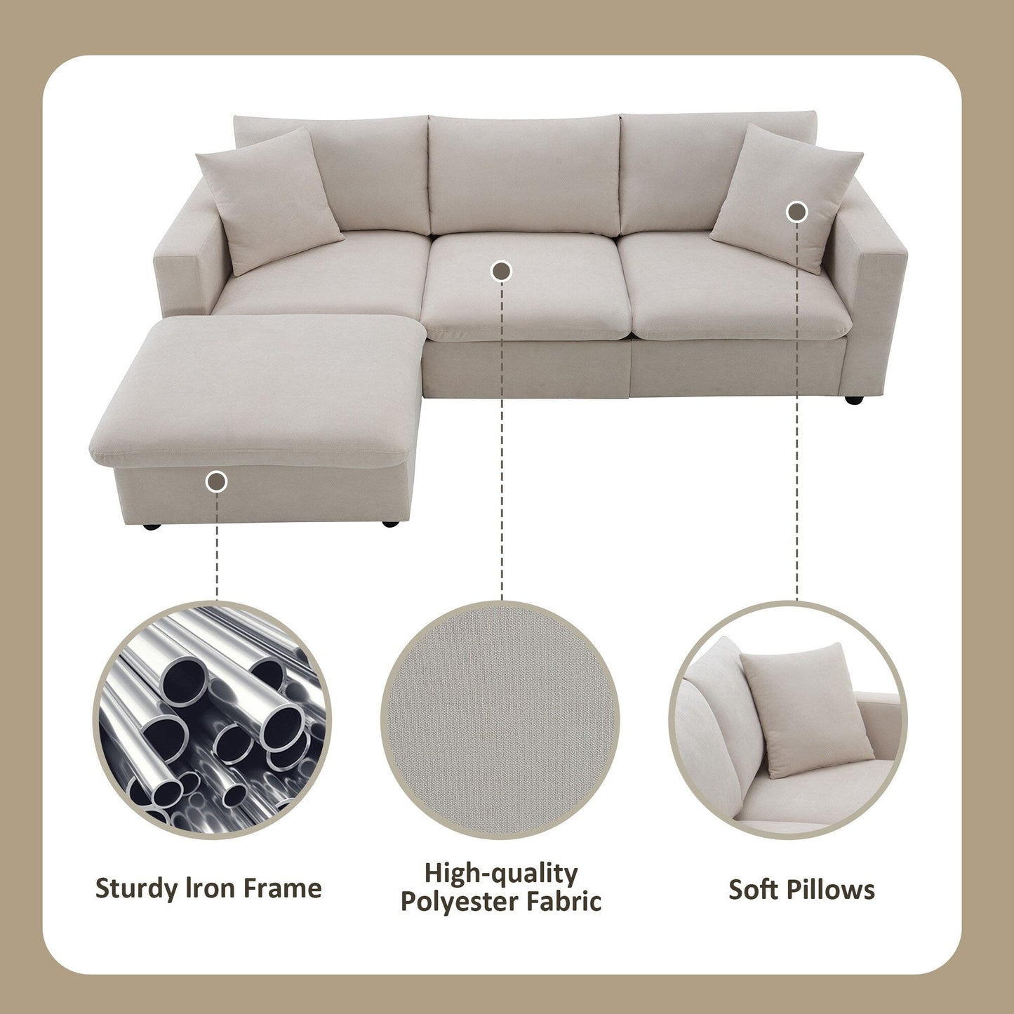 Sectional Sofa,L-Shaped Couch Set With 2 Free Pillows,4-Seat Polyester Fabric Couch Set With Convertible Ottoman