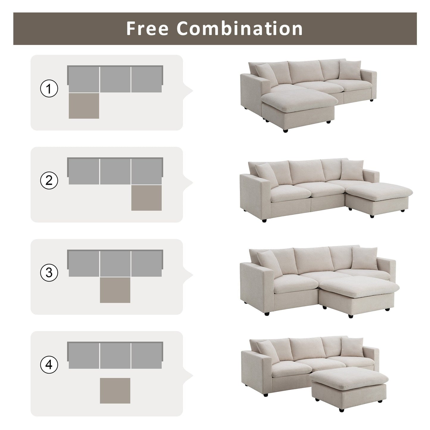 Sectional Sofa,L-Shaped Couch Set With 2 Free Pillows,4-Seat Polyester Fabric Couch Set With Convertible Ottoman