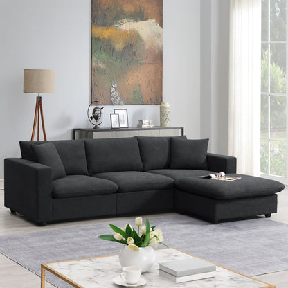 Sectional Sofa,L-Shaped Couch Set With 2 Free Pillows,4-Seat Polyester Fabric Couch Set With Convertible Ottoman