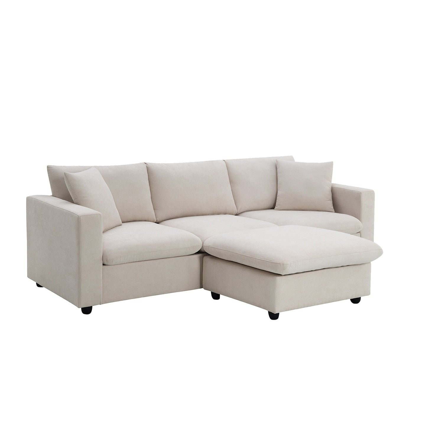 Sectional Sofa,L-Shaped Couch Set With 2 Free Pillows,4-Seat Polyester Fabric Couch Set With Convertible Ottoman