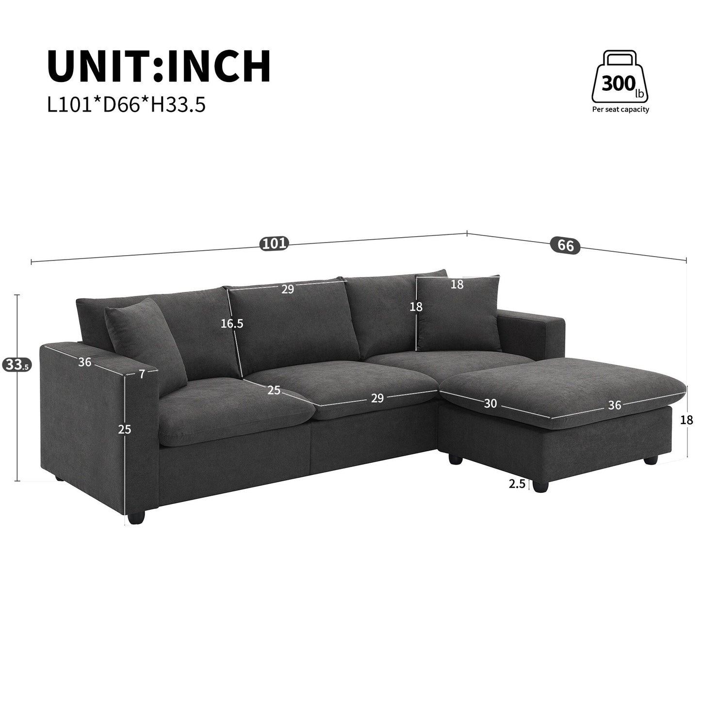 Sectional Sofa,L-Shaped Couch Set With 2 Free Pillows,4-Seat Polyester Fabric Couch Set With Convertible Ottoman