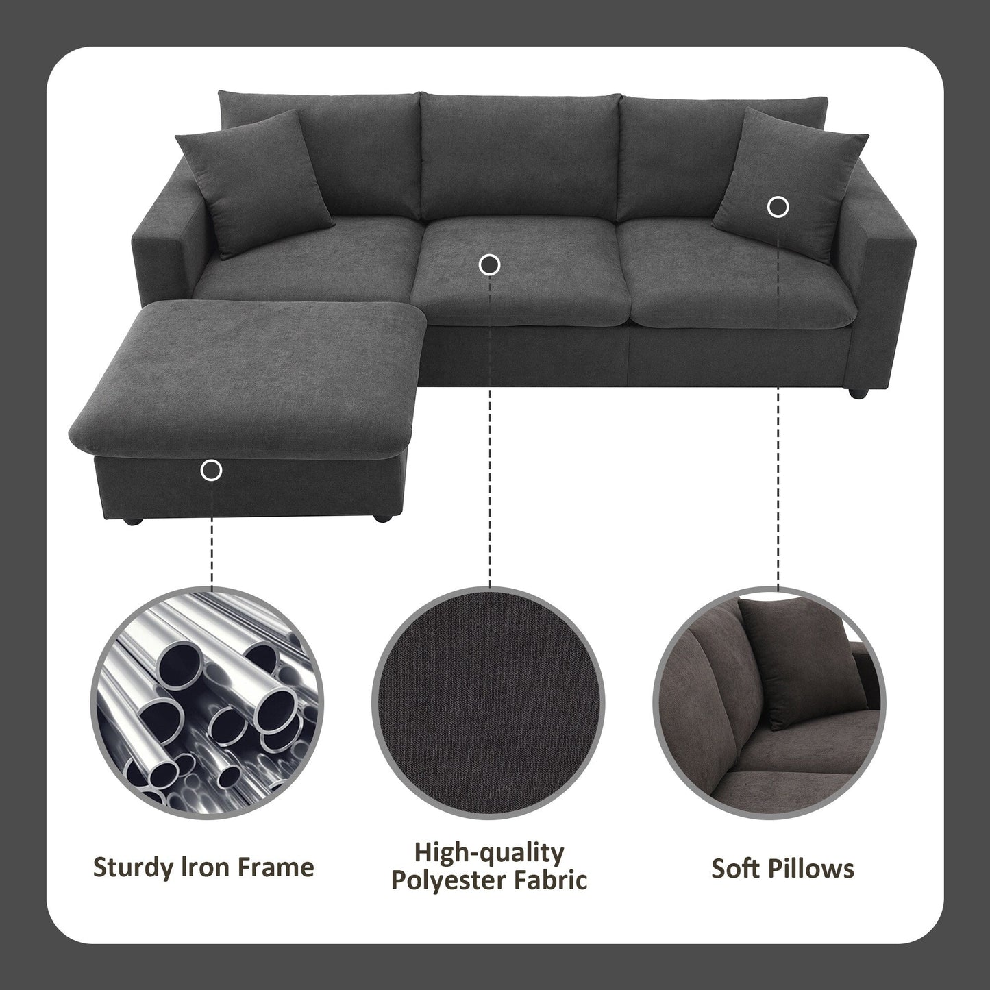 Sectional Sofa,L-Shaped Couch Set With 2 Free Pillows,4-Seat Polyester Fabric Couch Set With Convertible Ottoman