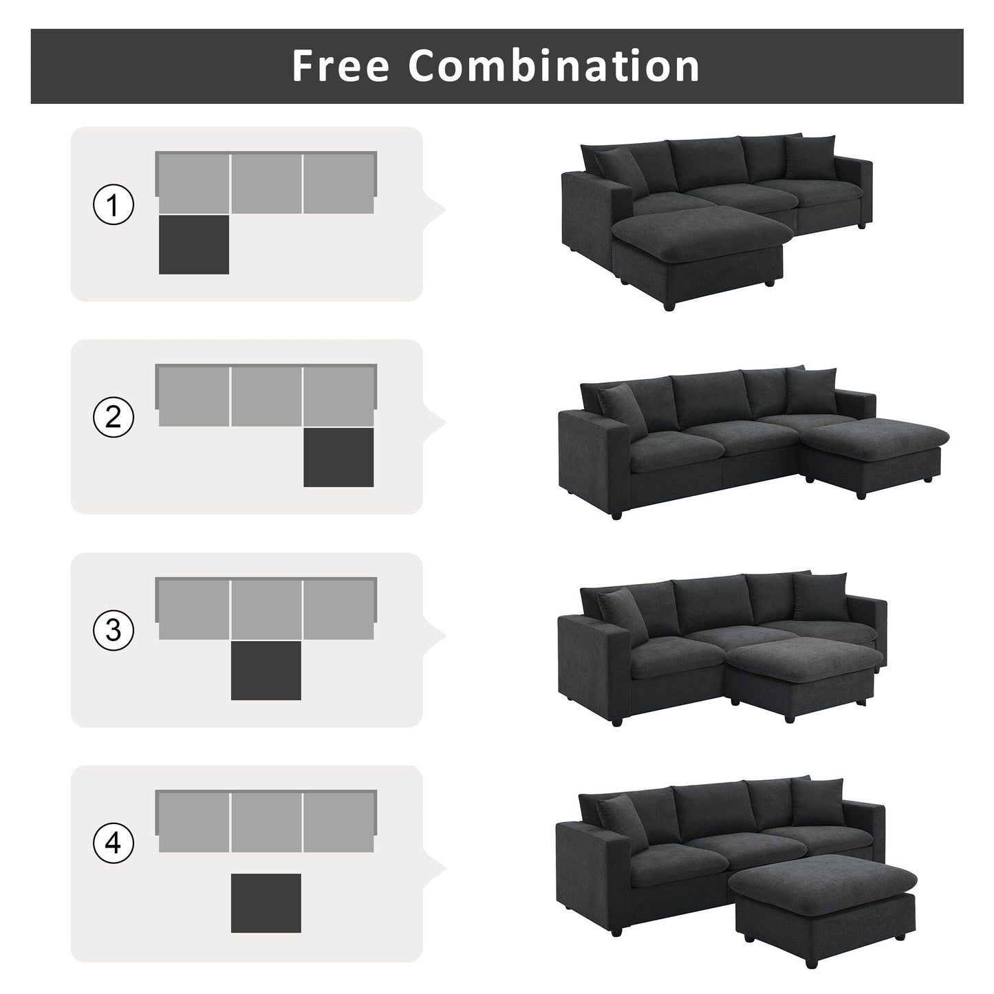 Sectional Sofa,L-Shaped Couch Set With 2 Free Pillows,4-Seat Polyester Fabric Couch Set With Convertible Ottoman