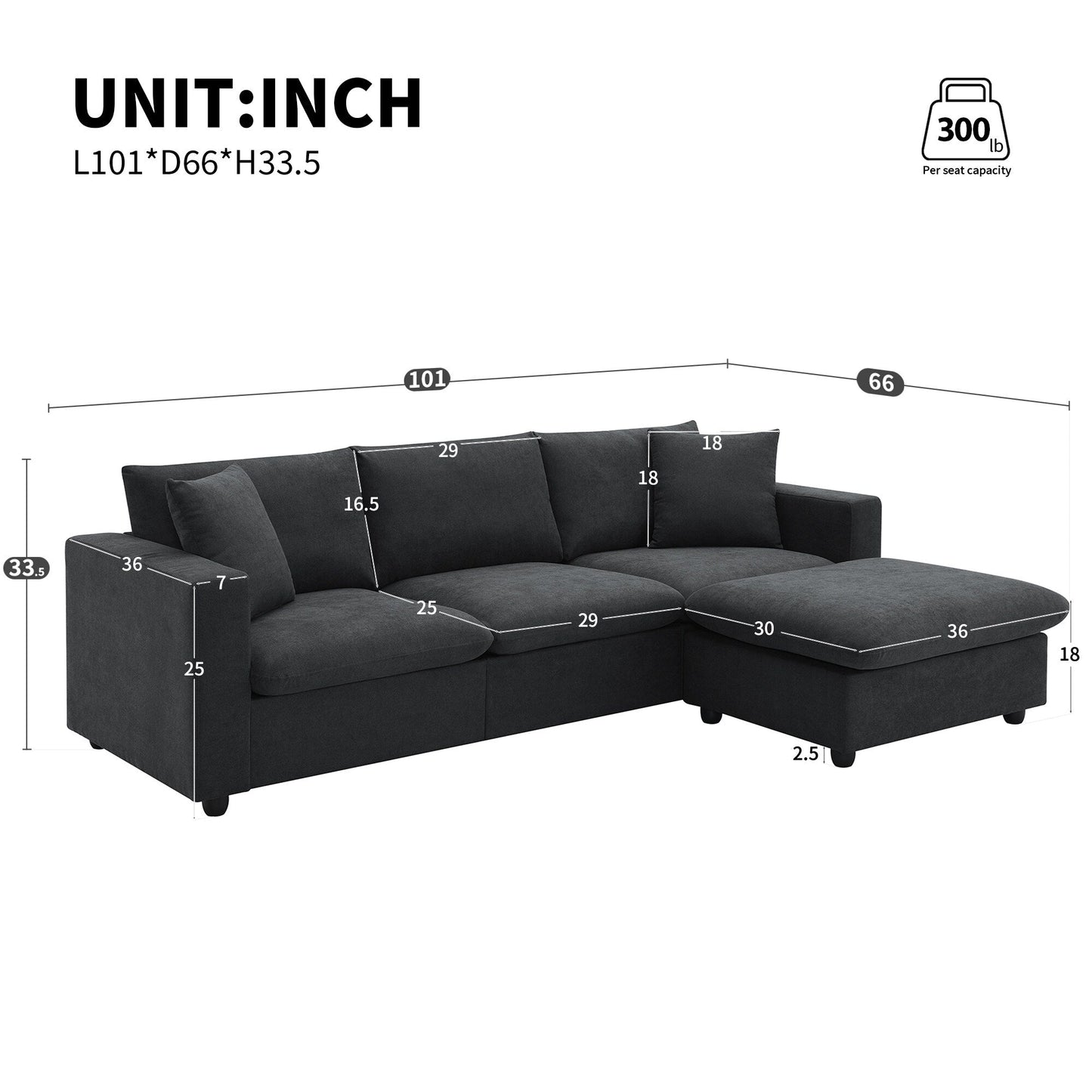 Sectional Sofa,L-Shaped Couch Set With 2 Free Pillows,4-Seat Polyester Fabric Couch Set With Convertible Ottoman