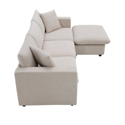 Sectional Sofa,L-Shaped Couch Set With 2 Free Pillows,4-Seat Polyester Fabric Couch Set With Convertible Ottoman