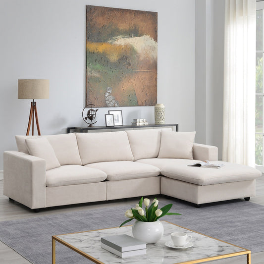 Sectional Sofa,L-Shaped Couch Set With 2 Free Pillows,4-Seat Polyester Fabric Couch Set With Convertible Ottoman