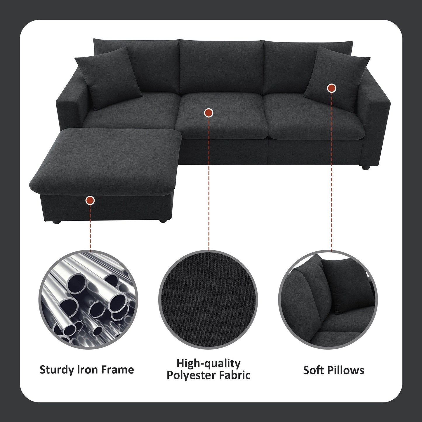 Sectional Sofa,L-Shaped Couch Set With 2 Free Pillows,4-Seat Polyester Fabric Couch Set With Convertible Ottoman