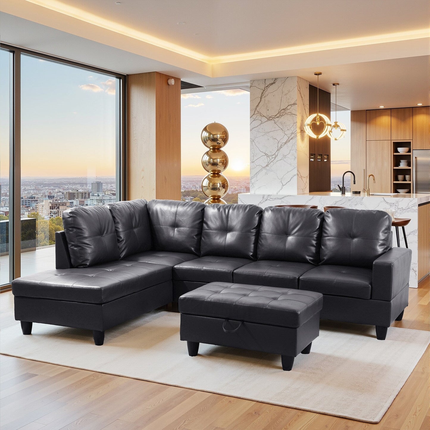 Semi PU Synthetic Leather 3-Piece Couch Living Room Sofa Set